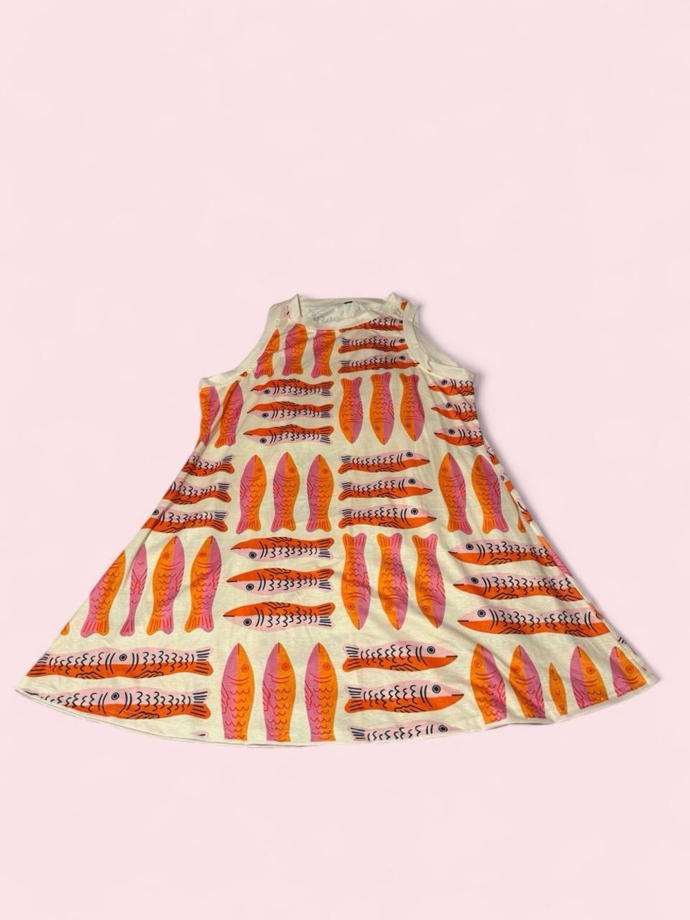Source Unknown Cream Mini Dress with Pink & Orange Fish Print